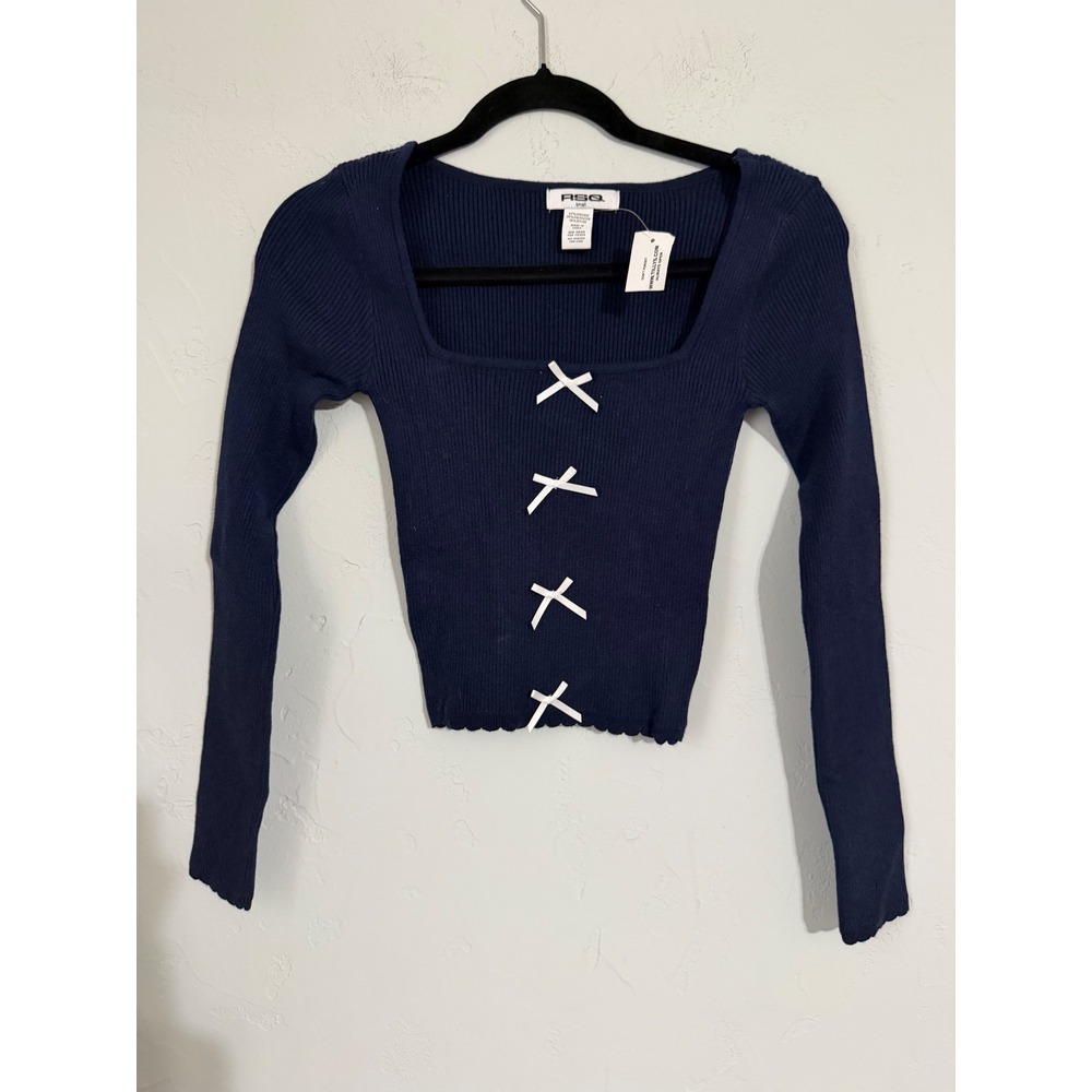 RSQ Navy Blue Ribbed Square Neck Long Sleeve Cropped Sweater Small‎